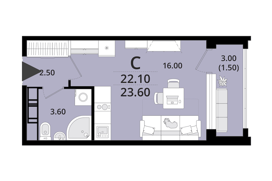 Квартира студия 23.6 м², 13/13 эт., ЖК «Тайм Сквер»